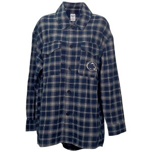 women's flannel nightshirt navy plaid, Penn State Athletic Logo on left pocket